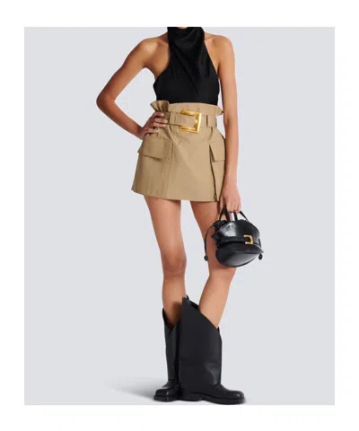 Balmain Gabardine Mini Skirt With Gold-tone Hardware In Brown