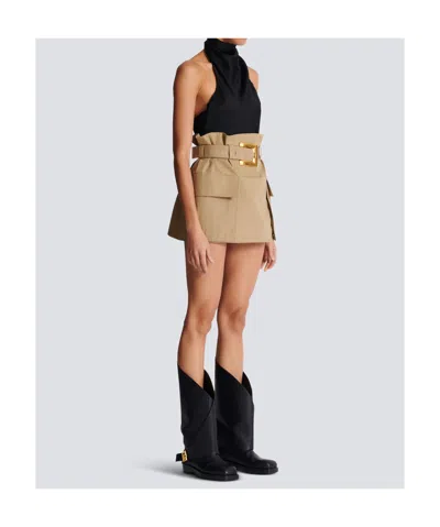 Balmain Gabardine Mini Skirt With Gold-tone Hardware In Brown