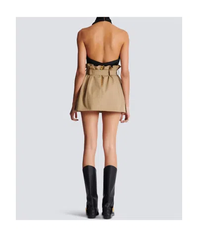 Balmain Gabardine Mini Skirt With Gold-tone Hardware In Brown