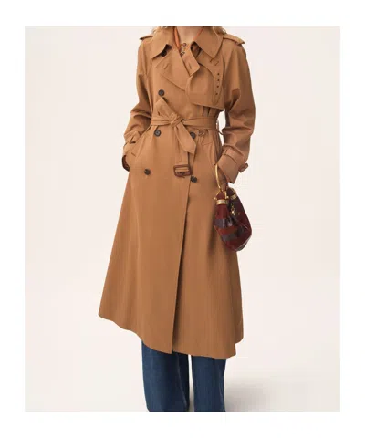 Chloé Long Water-repellent Beige Trench Coat In Cotton Gabardine In Brown