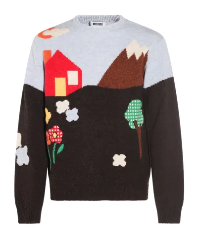 Moschino Wool Crew Neck Sweater With Graphic Design In Black