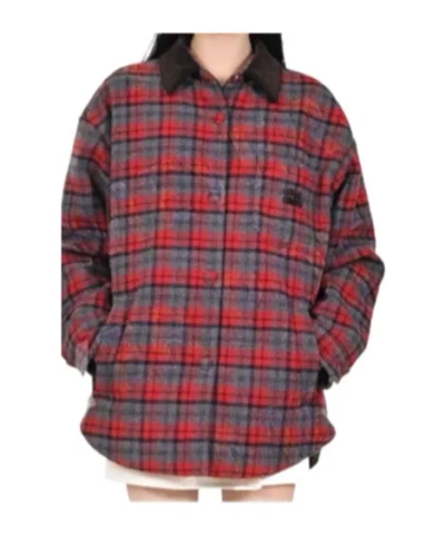 Miu Miu Plaid Coat With Corduroy Collar In Red