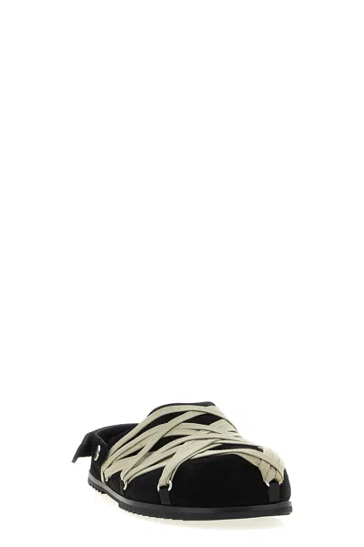 Rick Owens Black Mules With Oversize Decorative Laces And Buckle Closure In Leather Man In Animal Print