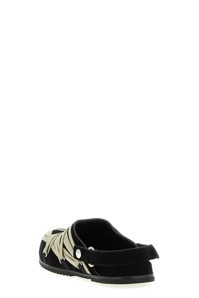 Rick Owens Black Mules With Oversize Decorative Laces And Buckle Closure In Leather Man In Animal Print