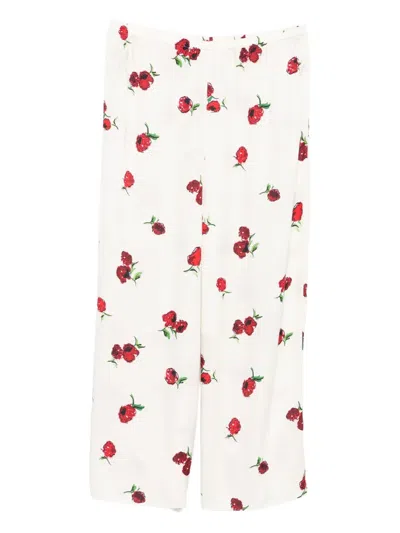 Khaite Raspberry Floral Print Wide-leg Cupro Pants In White