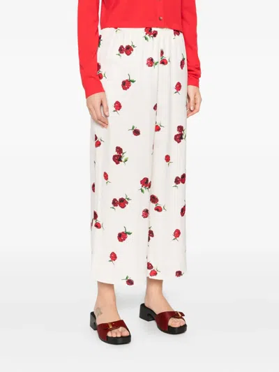 Khaite Raspberry Floral Print Wide-leg Cupro Pants In White