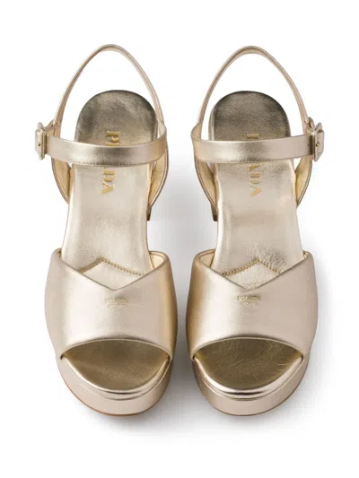 Prada Metallic Leather Platform Sandals In Gold