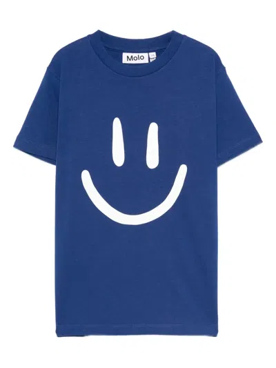 Molo Blue T-shirt For Kids With Smiley In Blue