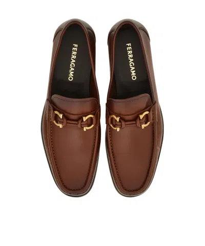 Ferragamo Alain Leather Loafers Gold-tone Hardware Round Toe In Brown