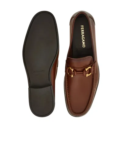 Ferragamo Alain Leather Loafers Gold-tone Hardware Round Toe In Brown