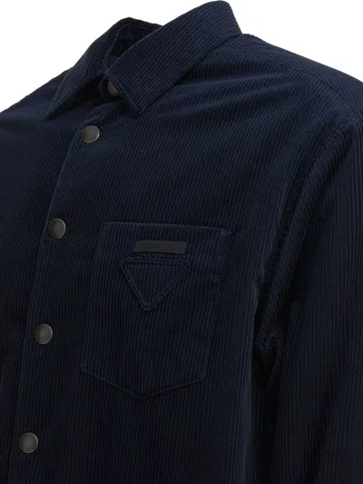 Prada Men's Cashmere And Cotton Corduroy Snap-front Overshirt In Blue