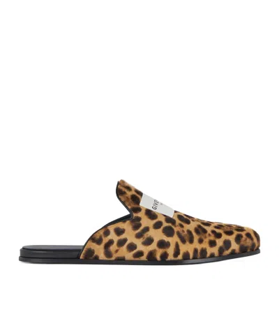 Givenchy Label Flat Mules In Leather With Leopard Print In Multi