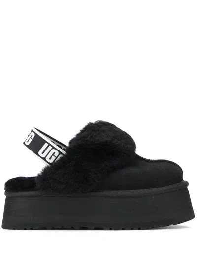 Ugg Black Leather Clog With Faux Fur And Elastic Back  In Black