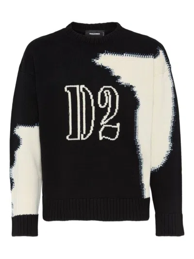 Dsquared2 Crew Neck Sweater With Bold Intarsia Pattern In Black