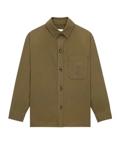 Saint Laurent Green Shirt With Classic Collar And Cassandre Embroidery On The Front In Cotton Man