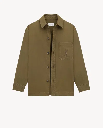 Saint Laurent Green Shirt With Classic Collar And Cassandre Embroidery On The Front In Cotton Man