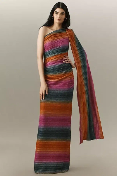 Black Halo Vella Stripe One-shoulder Gown In Pleated Hues