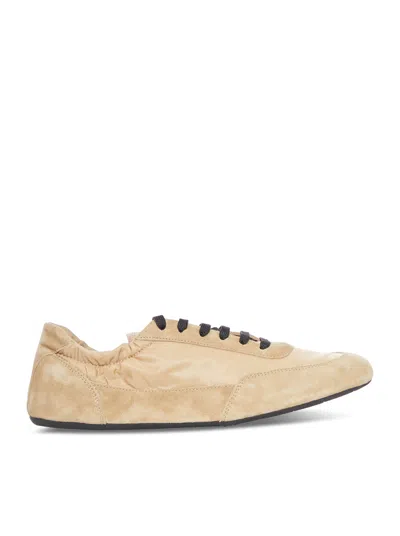 Prada Women Ivory Re-nylon And Suede Collapse Sneakers In Neutral