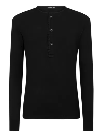 Tom Ford Cotton Stretch Rib Henley T-shirt In Black