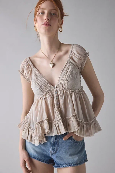 Kimchi Blue Izzy Lace Trim Button-front Babydoll Blouse In Grey, Women's At Urban Outfitters In Neutral