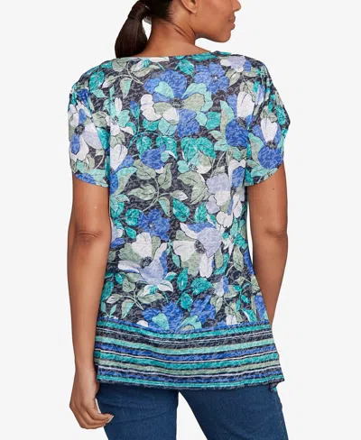 Ruby Rd. Petite Floral Striped Border Flutter Sleeve Top In Blue