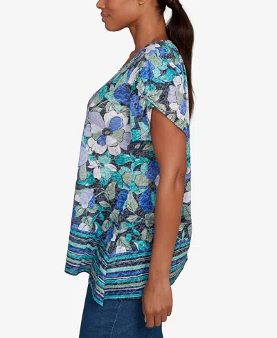 Ruby Rd. Petite Floral Striped Border Flutter Sleeve Top In Blue