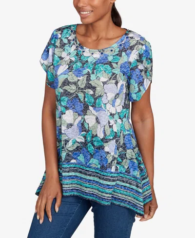 Ruby Rd. Petite Floral Striped Border Flutter Sleeve Top In Blue