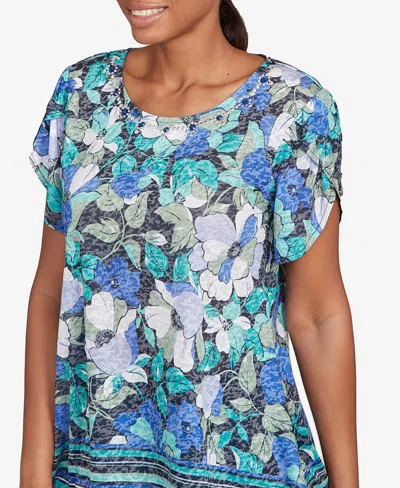 Ruby Rd. Petite Floral Striped Border Flutter Sleeve Top In Blue