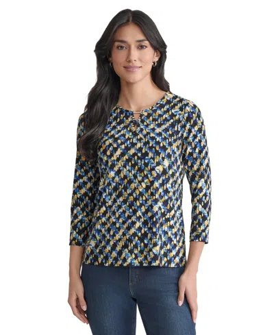 Jones New York Abstract Keyhole Three-quarter Sleeve Crepe Top In Multi