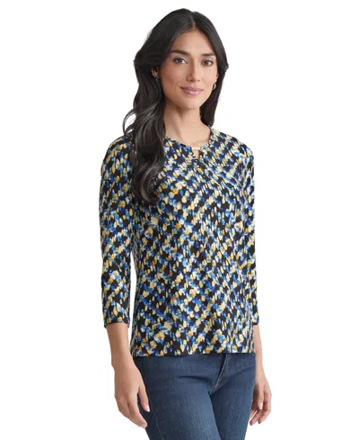 Jones New York Abstract Keyhole Three-quarter Sleeve Crepe Top In Multi
