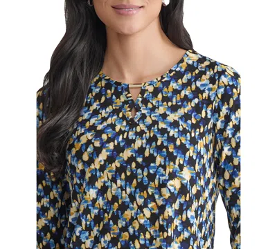 Jones New York Abstract Keyhole Three-quarter Sleeve Crepe Top In Multi