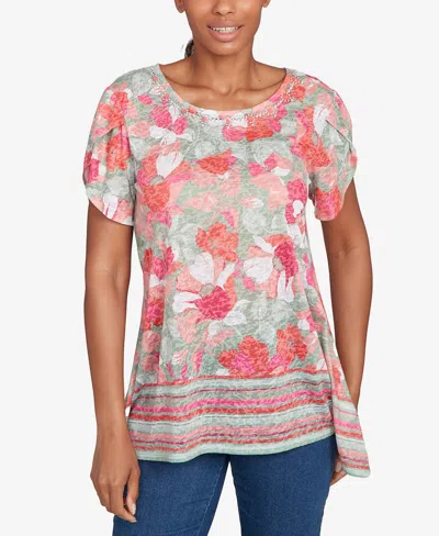 Ruby Rd. Petite Floral Striped Border Flutter Sleeve Top In Red