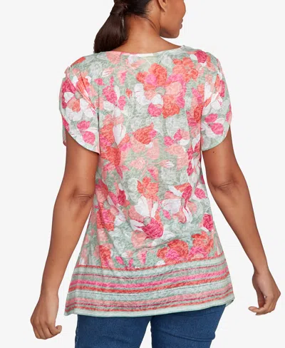 Ruby Rd. Petite Floral Striped Border Flutter Sleeve Top In Red