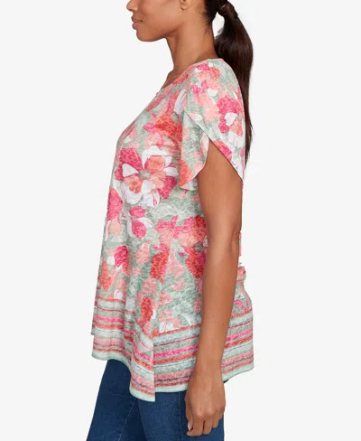 Ruby Rd. Petite Floral Striped Border Flutter Sleeve Top In Red