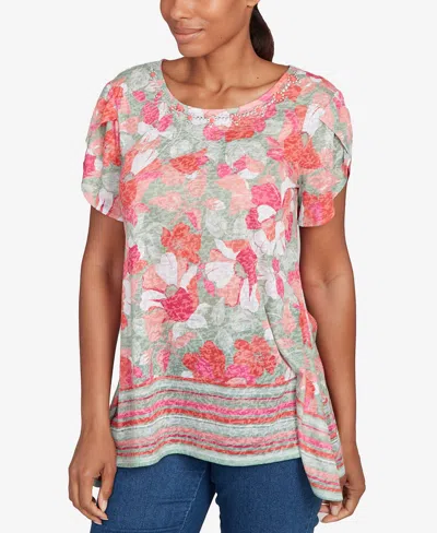 Ruby Rd. Petite Floral Striped Border Flutter Sleeve Top In Red