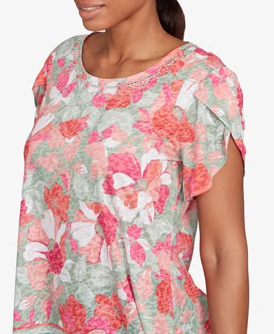 Ruby Rd. Petite Floral Striped Border Flutter Sleeve Top In Red