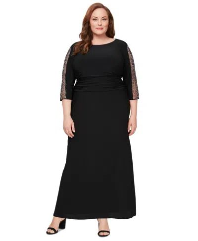 Sl Fashions Plus Size Embellished-sleeve Ruched Gown In Black