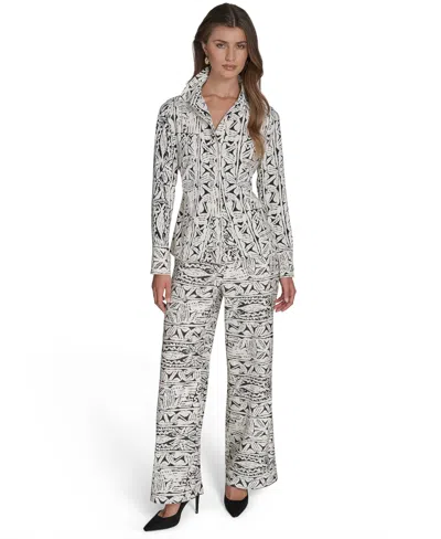 Halston Womens Printed Button Front Shirt Printed High Rise Wide Leg Pants In Brown