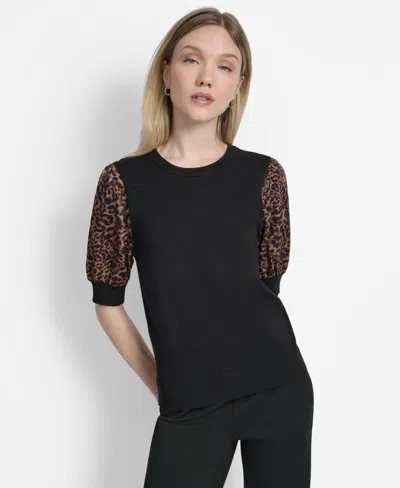 Dkny Women's Mixed-media Printed-sleeve Top In Black