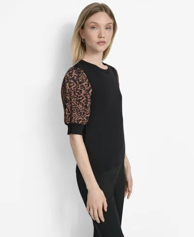Dkny Women's Mixed-media Printed-sleeve Top In Black