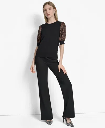 Dkny Women's Mixed-media Printed-sleeve Top In Black