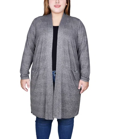 Ny Collection Plus Size Long Sleeve Knit Cardigan Sweater In Gray