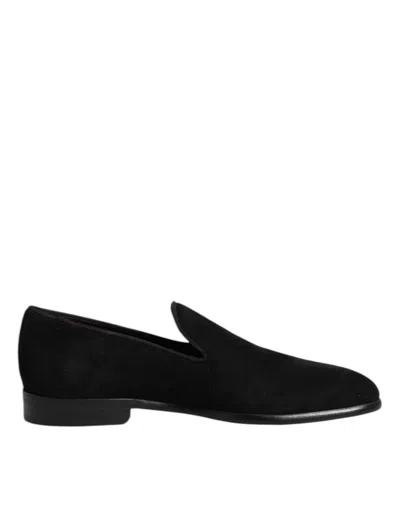 Dolce & Gabbana Black Dg Crown Embroidery Loafers Slip On Shoes