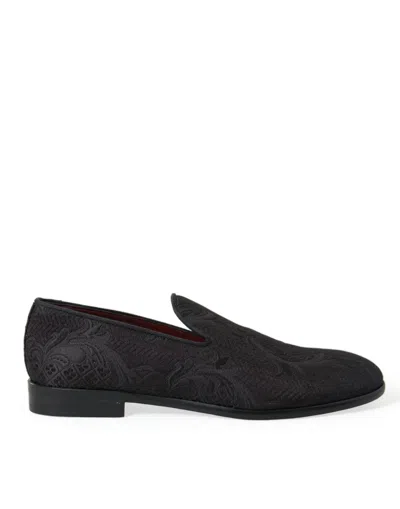 Dolce & Gabbana Black Dg Crown Embroidery Loafers Slip On Shoes