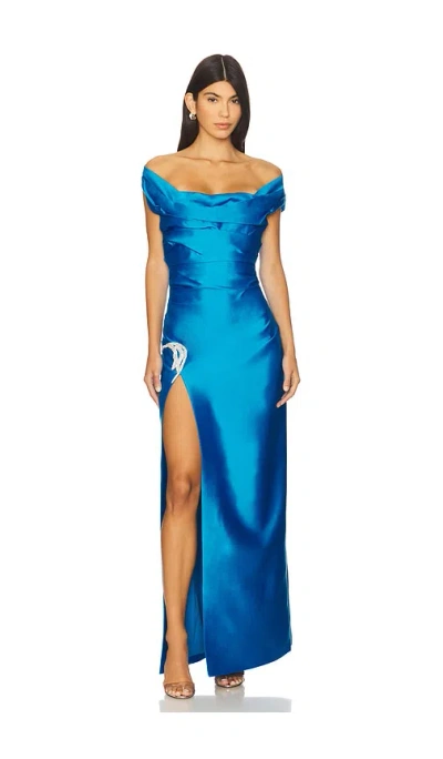 Rachel Gilbert Bailey Draped Off-the-shoulder Crystal Slit Gown In Blue
