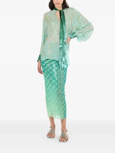 Roberto Cavalli Silk Blend Blouse With Shimmering Pattern In Green