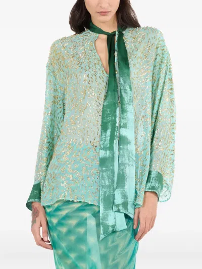 Roberto Cavalli Silk Blend Blouse With Shimmering Pattern In Green