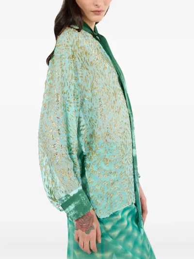 Roberto Cavalli Silk Blend Blouse With Shimmering Pattern In Green
