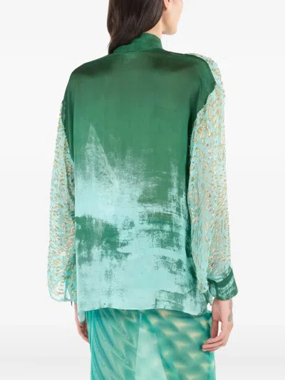 Roberto Cavalli Silk Blend Blouse With Shimmering Pattern In Green