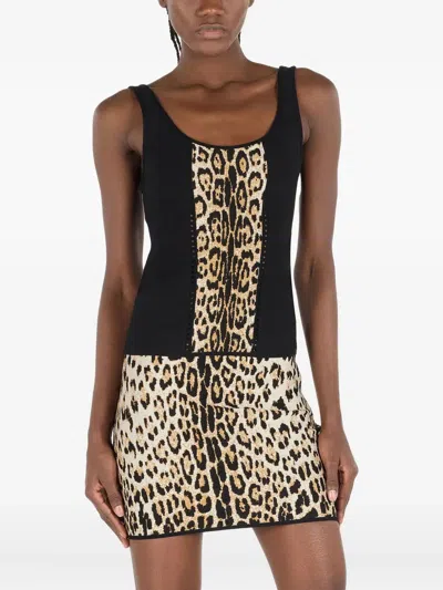 Roberto Cavalli Sleeveless Animal Print Top With Studded Detail In Black